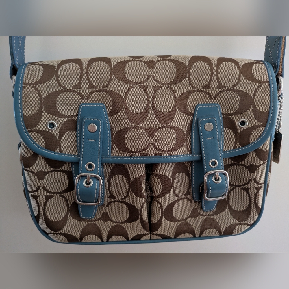Coach Signature Brown and Blue Crossbody Canvas And Leather Bag EUC